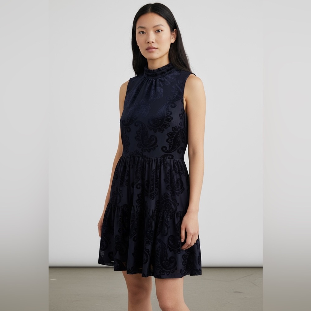 AQUA Navy Velvet Paisley Sleeveless Mini Dress (Size M)